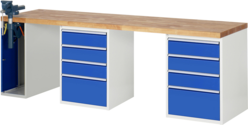 RAU établi Serie 7000 avec piètement en blocs à tiroirs, 8 tiroirs, 1 armoire, 1 étau, RAL7035 gris clair/RAL5010 bleu gentiane