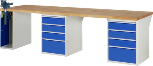 RAU établi Serie 7000 avec piètement en blocs à tiroirs, 8 tiroirs, 1 armoire, 1 étau, RAL7035 gris clair/RAL5010 bleu gentiane