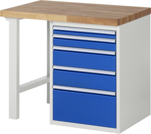 RAU établi Serie 7000 avec piètement en blocs à tiroirs, 5 tiroirs, RAL7035 gris clair/RAL5010 bleu gentiane