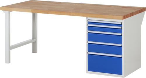 RAU établi Serie 7000 avec piètement en blocs à tiroirs, 5 tiroirs, RAL7035 gris clair/RAL5010 bleu gentiane