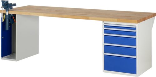 RAU établi Serie 7000 avec piètement en blocs à tiroirs, 5 tiroirs, 1 armoire, 1 étau, RAL7035 gris clair/RAL5010 bleu gentiane