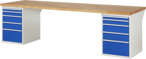 RAU établi Serie 7000 avec piètement en blocs à tiroirs, 10 tiroirs, RAL7035 gris clair/RAL5010 bleu gentiane