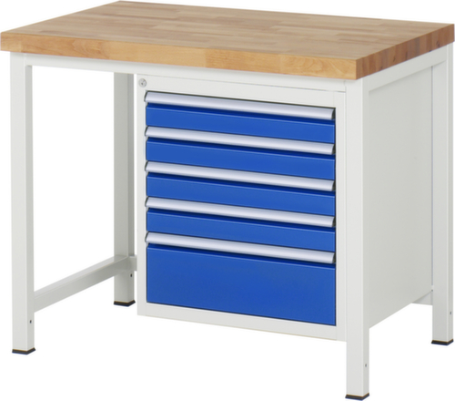 RAU Établi à hauteur réglable Serie 8000, 5 tiroirs, RAL7035 gris clair/RAL5010 bleu gentiane