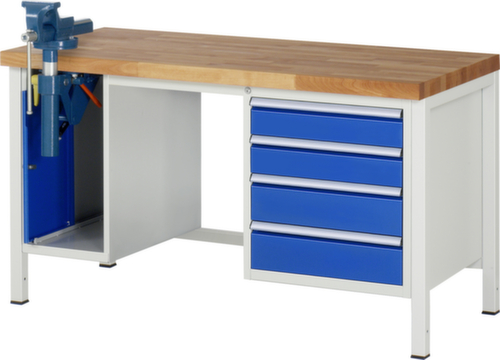 RAU établi à hauteur réglable Serie 8000 avec étau, 4 tiroirs, 1 armoire, 1 étau, RAL7035 gris clair/RAL5010 bleu gentiane
