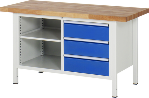 RAU Établi à hauteur réglable Serie 8000, 3 tiroirs, 2 tablettes, RAL7035 gris clair/RAL5010 bleu gentiane