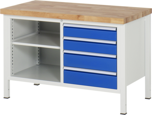 RAU Établi à hauteur réglable Serie 8000, 4 tiroirs, 2 tablettes, RAL7035 gris clair/RAL5010 bleu gentiane