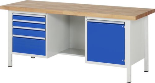 RAU Établi à hauteur réglable Serie 8000, 4 tiroirs, 1 armoire, RAL7035 gris clair/RAL5010 bleu gentiane