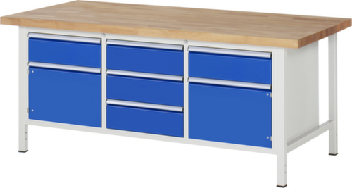 RAU Établi à hauteur réglable Serie 8000, 5 tiroirs, 2 armoires, RAL7035 gris clair/RAL5010 bleu gentiane