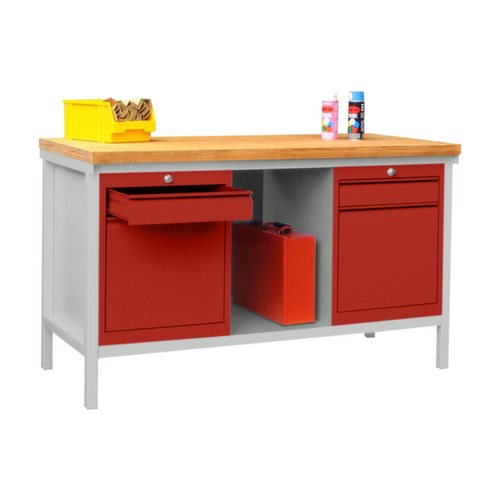 PAVOY Établi avec différents soubassements, 2 blocs tiroirs, 1 tablette