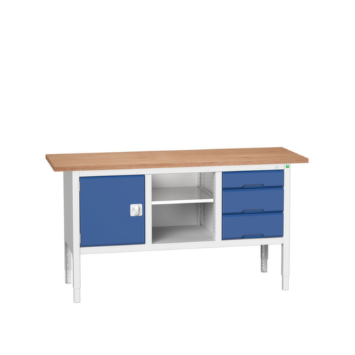 bott bloc établi à hauteur réglable verso, 3 tiroirs, 1 armoire, 1 tablette, RAL7035 gris clair/RAL5010 bleu gentiane