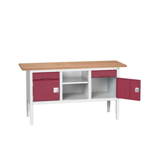 bott bloc établi à hauteur réglable verso, 2 tiroirs, 2 armoires, 1 tablette, RAL7035 gris clair/RAL3004 rouge pourpre