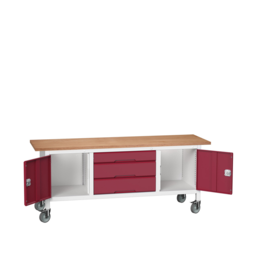 bott Bloc établi mobile verso, 3 tiroirs, 2 armoires, RAL7035 gris clair/RAL3004 rouge pourpre