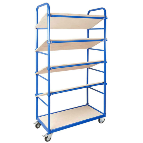 chariot à rayonnage avec tablettes inclinées, force 250 kg, 5 plateaux