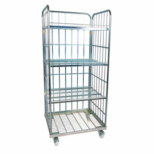 Bac sur roulettes rolltainer® avec 3 parois et 3 tablettes, force 500 kg, longueur x largeur 800 x 710 mm