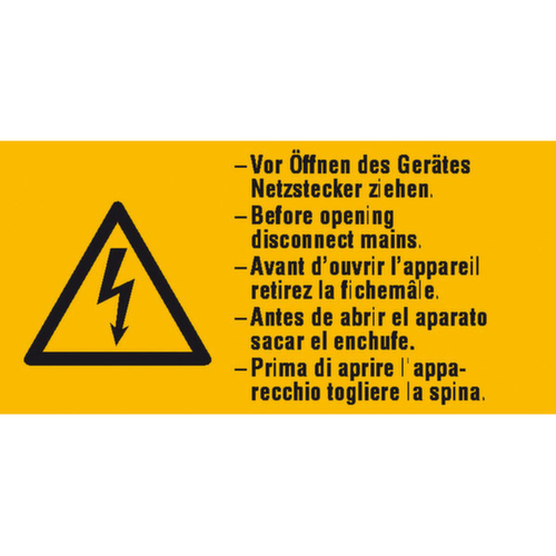 panneau d'avertissement combiné SafetyMarking® sur feuille « Avant d'ouvrir l'appareil débrancher la fiche secteur »