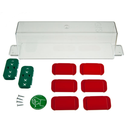 kit de capots de protection de poignée de porte d'issue de secours GfS Typ E, 1 capot, 2 sous-plaques vertes, 6 surplaques rouges, 1 pictogramme