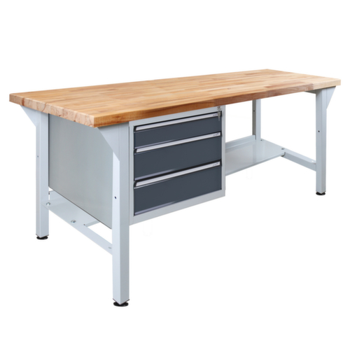 Établi avec plateau en hêtre massif, 3 tiroirs, 1 tablette, RAL7035 gris clair/RAL7016 gris anthracite