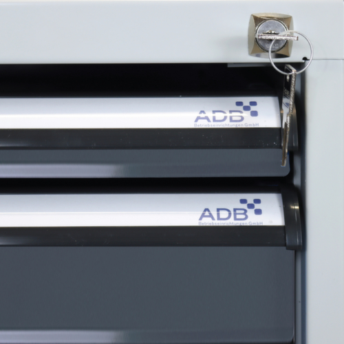 Établi avec plateau en hêtre massif, 3 tiroirs, 1 tablette, RAL7035 gris clair/RAL7016 gris anthracite