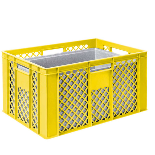 Bac gerbable norme Europe avec boîte isotherme, jaune, capacité 63 l, couvercle indépendant pour boîte isotherme