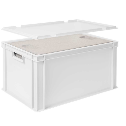 Bac gerbable norme Europe avec boîte isotherme, blanc, capacité 65 l, couvercle indépendant pour boîte isotherme