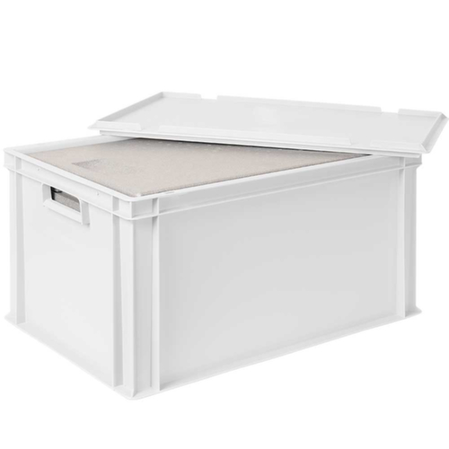 Bac gerbable norme Europe avec boîte isotherme, blanc, capacité 65 l, couvercle indépendant pour boîte isotherme