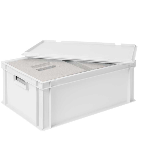 Bac gerbable norme Europe avec 2 boîtes isothermes, blanc, capacité 44,5 l, couvercle indépendant pour boîte isotherme