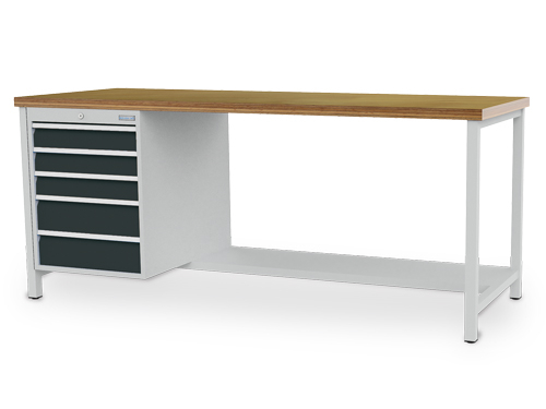 Bedrunka + Hirth Établi avec panneau multiplis hêtre, 5 tiroirs, 1 armoire, 1/2 tablette, RAL7035 gris clair/RAL7016 gris anthracite