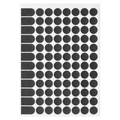 Pastille noire adhésif permanent en planche A5 15 mm diam