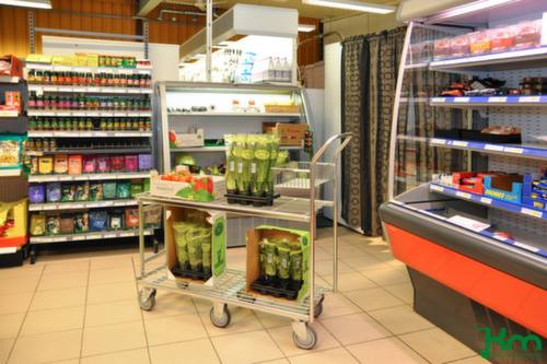 Kongamek Chariot avec barre de poussée à 2 plateaux, force 400 kg, plateau longueur x largeur 1080 x 415 mm