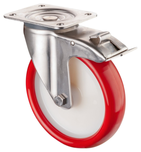 Roulette pivotante avec boîtier en acier inoxydable et frein total, force 380 kg, polyuréthane bandage