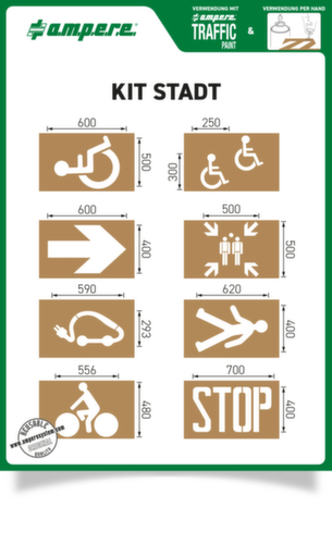 a.m.p.e.r.e. kit de pochoirs Stadt pour le marquage au sol, fauteuil roulant, flèche, point de rassemblement, station de recharge, piétons, vélos, stop