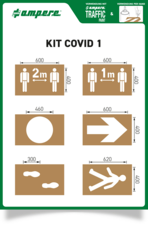a.m.p.e.r.e. kit de pochoirs Covid1 pour le marquage au sol, distance de sécurité 1 et 2 m, cercle, flèche, passerelle, piétons