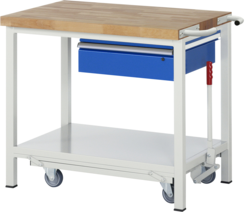 RAU établi Serie 8000 de type rabattable, 1 tiroir, 1 tablette, 1 barre de poussée, RAL7035 gris clair/RAL5010 bleu gentiane
