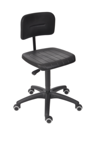 Arbeitsstuhl mit höhenverstellbarer Rückenlehne, Sitz PU-Schaum mit Stahleinlage schwarz, mit Rollen
