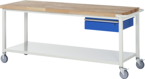 RAU Fahrbare Werkbank Serie 8000, 1 Schublade, 1 Ablageboden, 1 Schiebebügel, RAL7035 Lichtgrau/RAL5010 Enzianblau