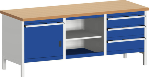 bott Kastenwerkbank cubio, 4 Schubladen, 1 Schrank, 2 Ablageböden, RAL7035 Lichtgrau/RAL5010 Enzianblau