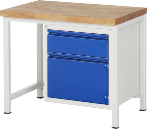 RAU Höhenverstellbare Werkbank Serie 8000 mit Bucheplatte, 1 Schublade, 1 Schrank, RAL7035 Lichtgrau/RAL5010 Enzianblau