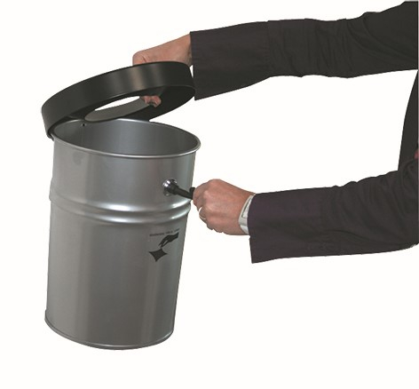 Selbstlöschender Abfallbehälter FIRE EX zur Wandbefestigung, 24 l, neusilber, Kopfteil schwarz