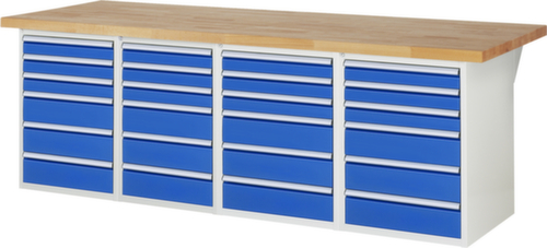 RAU Werkbank Serie 7000 mit Containergestell, 24 Schubladen, RAL7035 Lichtgrau/RAL5010 Enzianblau