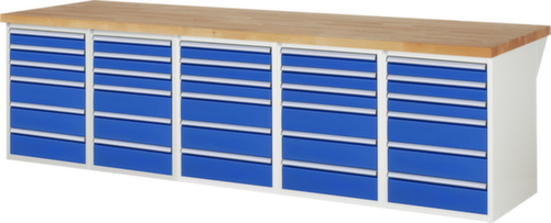 RAU Werkbank Serie 7000 mit Containergestell, 30 Schubladen, RAL7035 Lichtgrau/RAL5010 Enzianblau
