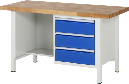 RAU Höhenverstellbare Werkbank Serie 8000, 3 Schubladen, RAL7035 Lichtgrau/RAL5010 Enzianblau