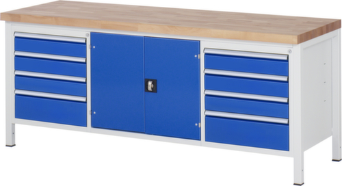 RAU Höhenverstellbare Werkbank Serie 8000, 8 Schubladen, 1 Schrank, RAL7035 Lichtgrau/RAL5010 Enzianblau