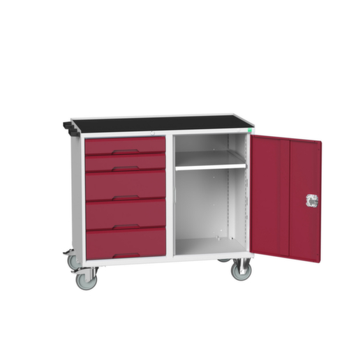 bott Fahrbarer Montagetisch verso, 5 Schubladen, 1 Schrank, RAL7035 Lichtgrau/RAL3004 Purpurrot