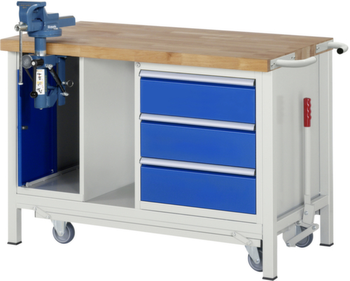 RAU Werkbank Serie 8000, 3 Schubladen, 1 Schrank, 1 Ablageboden, 1 Schraubstock, RAL7035 Lichtgrau/RAL5010 Enzianblau