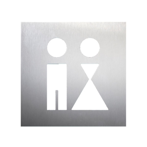 Plaque de porte avec pictogramme en acier inoxydable, « Toilettes Femmes/Hommes »