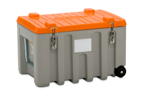 Cemo Boîte de rangement mobile avec accès pour les personnes en fauteuil roulant, capacité 150 l, gris/orange, couvercle rabattable