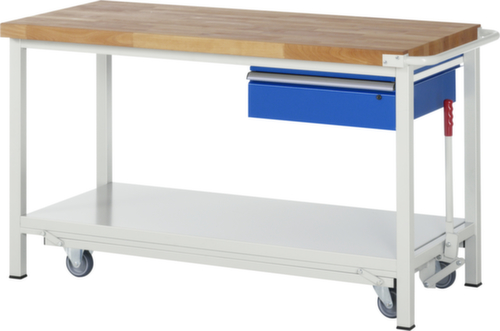 RAU établi Serie 8000 de type rabattable, 1 tiroir, 1 tablette, 1 barre de poussée, RAL7035 gris clair/RAL5010 bleu gentiane