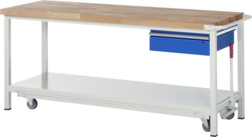 RAU établi Serie 8000 de type rabattable, 1 tiroir, 1 tablette, 1 barre de poussée, RAL7035 gris clair/RAL5010 bleu gentiane