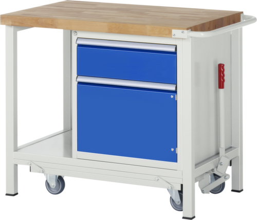 RAU établi Serie 8000 de type rabattable, 1 tiroir, 1 armoire, 1 tablette, 1 barre de poussée, RAL7035 gris clair/RAL5010 bleu gentiane