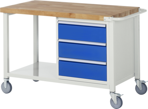 RAU Établi mobile Serie 8000, 3 tiroirs, 1 tablette, 1 barre de poussée, RAL7035 gris clair/RAL5010 bleu gentiane